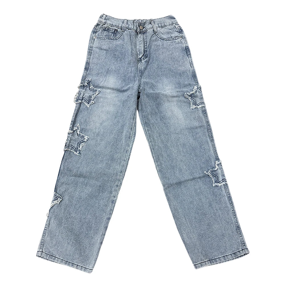 Gothic Star Embroidery Wide Leg Jeans - Trendy Hip-Hop Streetwear for Youth