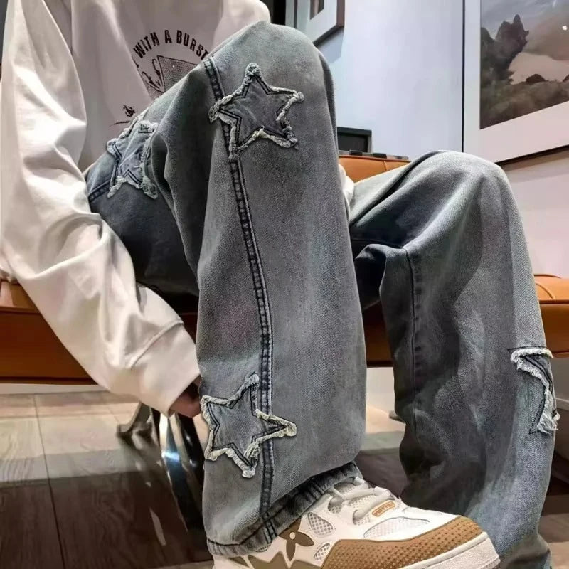 Gothic Star Embroidery Wide Leg Jeans - Trendy Hip-Hop Streetwear for Youth