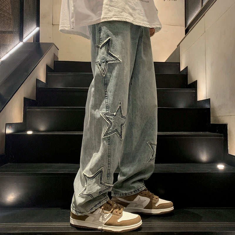 Gothic Star Embroidery Wide Leg Jeans - Trendy Hip-Hop Streetwear for Youth