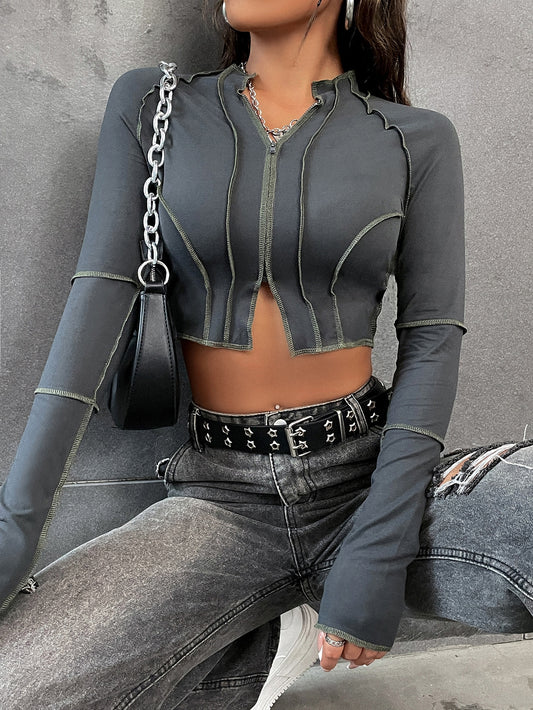 SHEIN Women's Zipper Crop Tee with Raglan Sleeves - Stylish Fall Top
