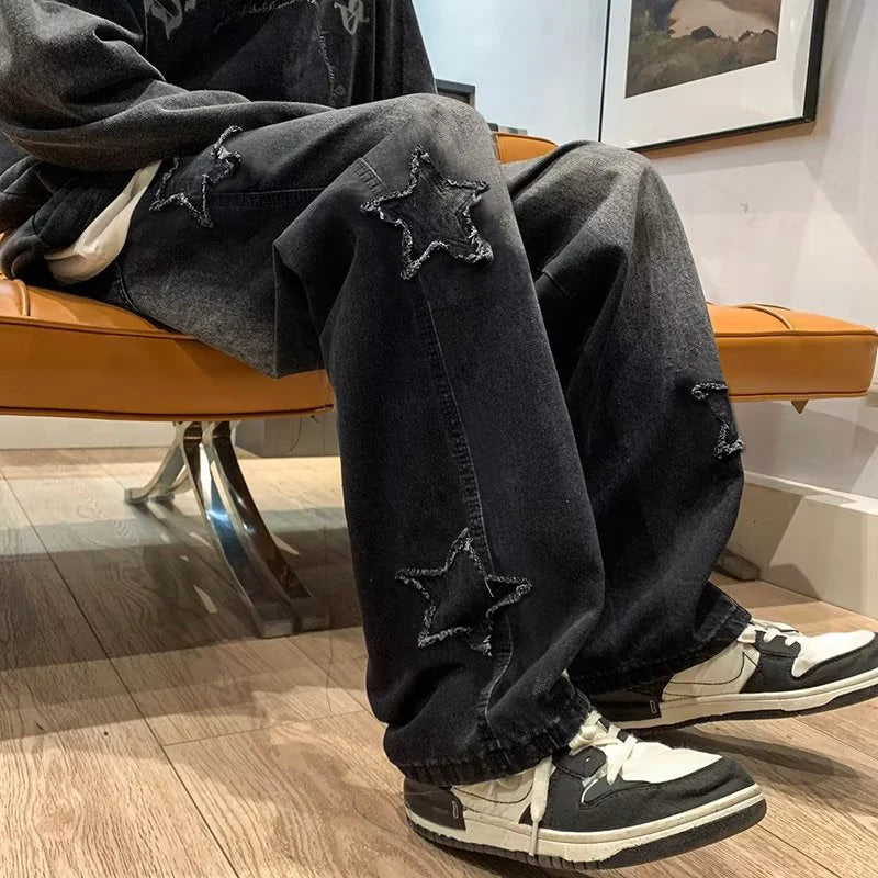 Gothic Star Embroidery Wide Leg Jeans - Trendy Hip-Hop Streetwear for Youth