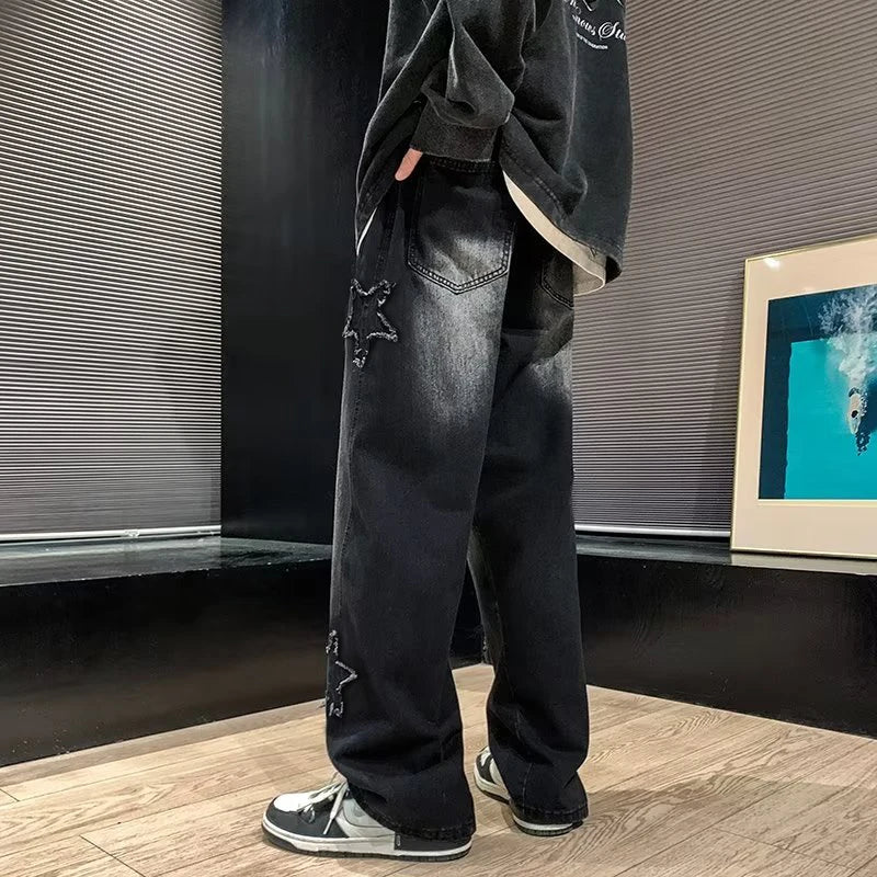 Gothic Star Embroidery Wide Leg Jeans - Trendy Hip-Hop Streetwear for Youth