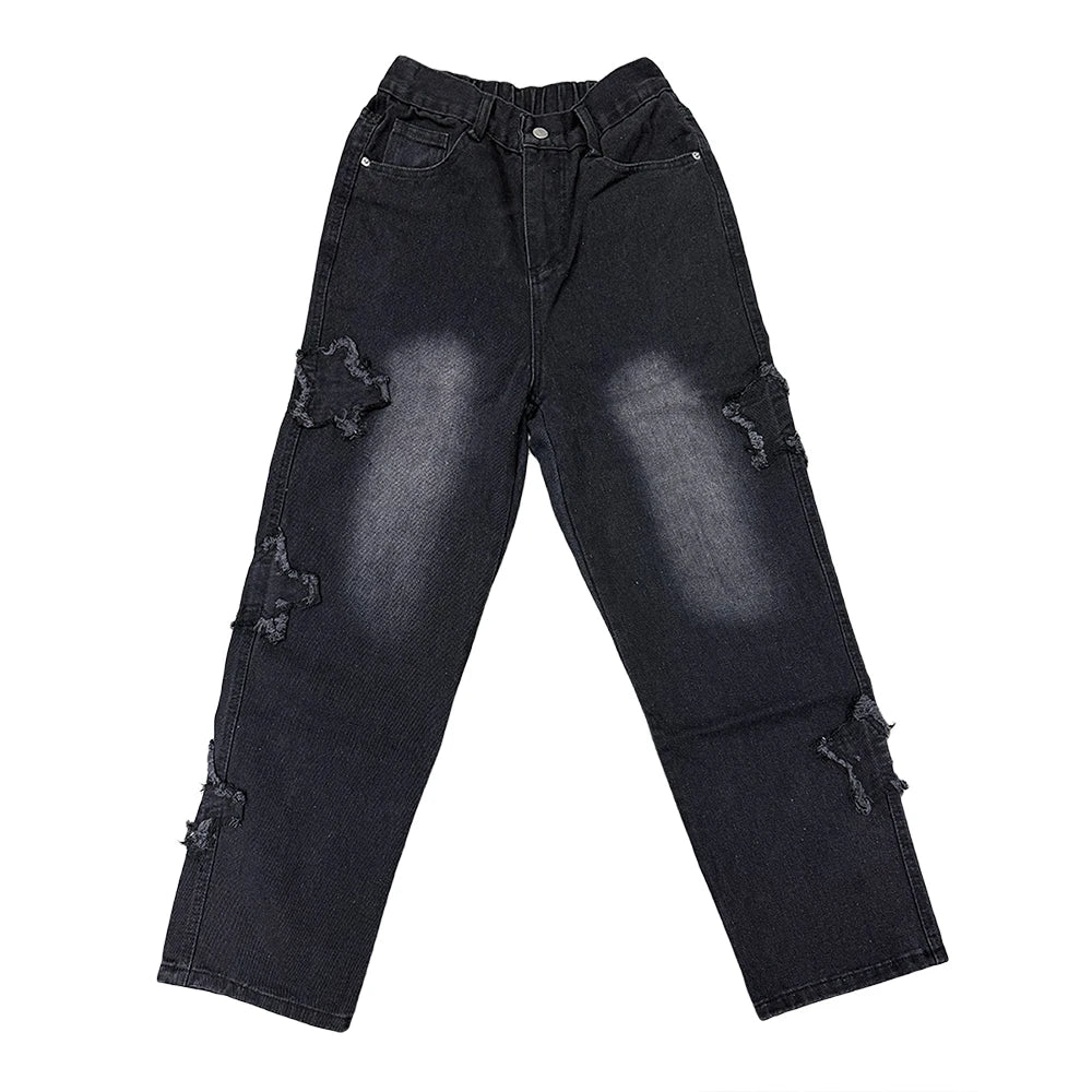 Gothic Star Embroidery Wide Leg Jeans - Trendy Hip-Hop Streetwear for Youth