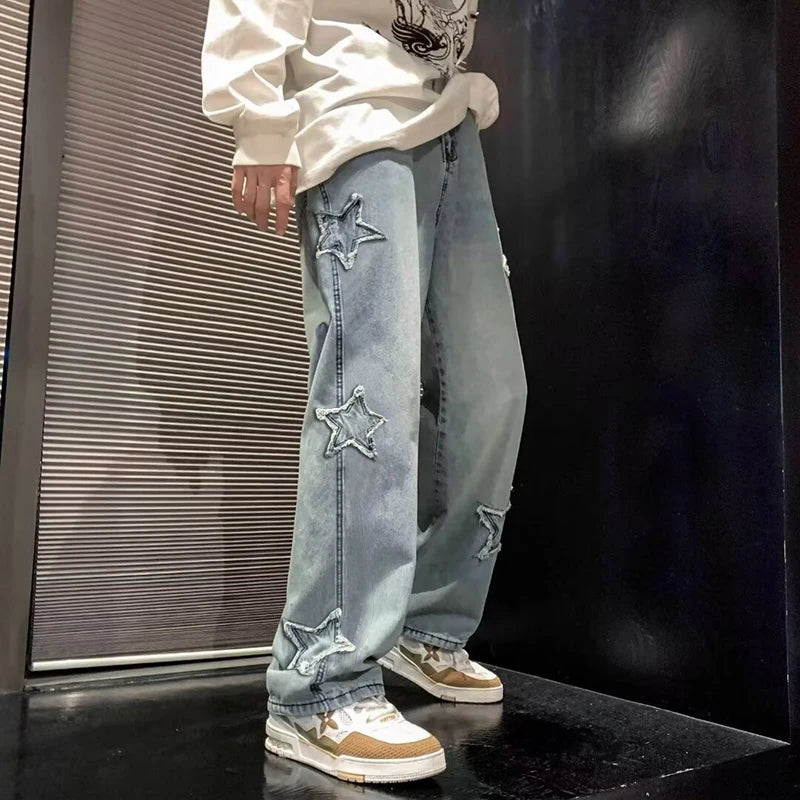 Gothic Star Embroidery Wide Leg Jeans - Trendy Hip-Hop Streetwear for Youth